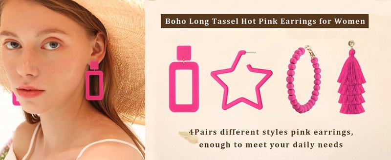 FUNRUN 4Pairs Hot Pink Earrings for Women Statement Earrings Geometric Heart Drop Hoop Earrings Boho Long Tassel Dangle Earrings