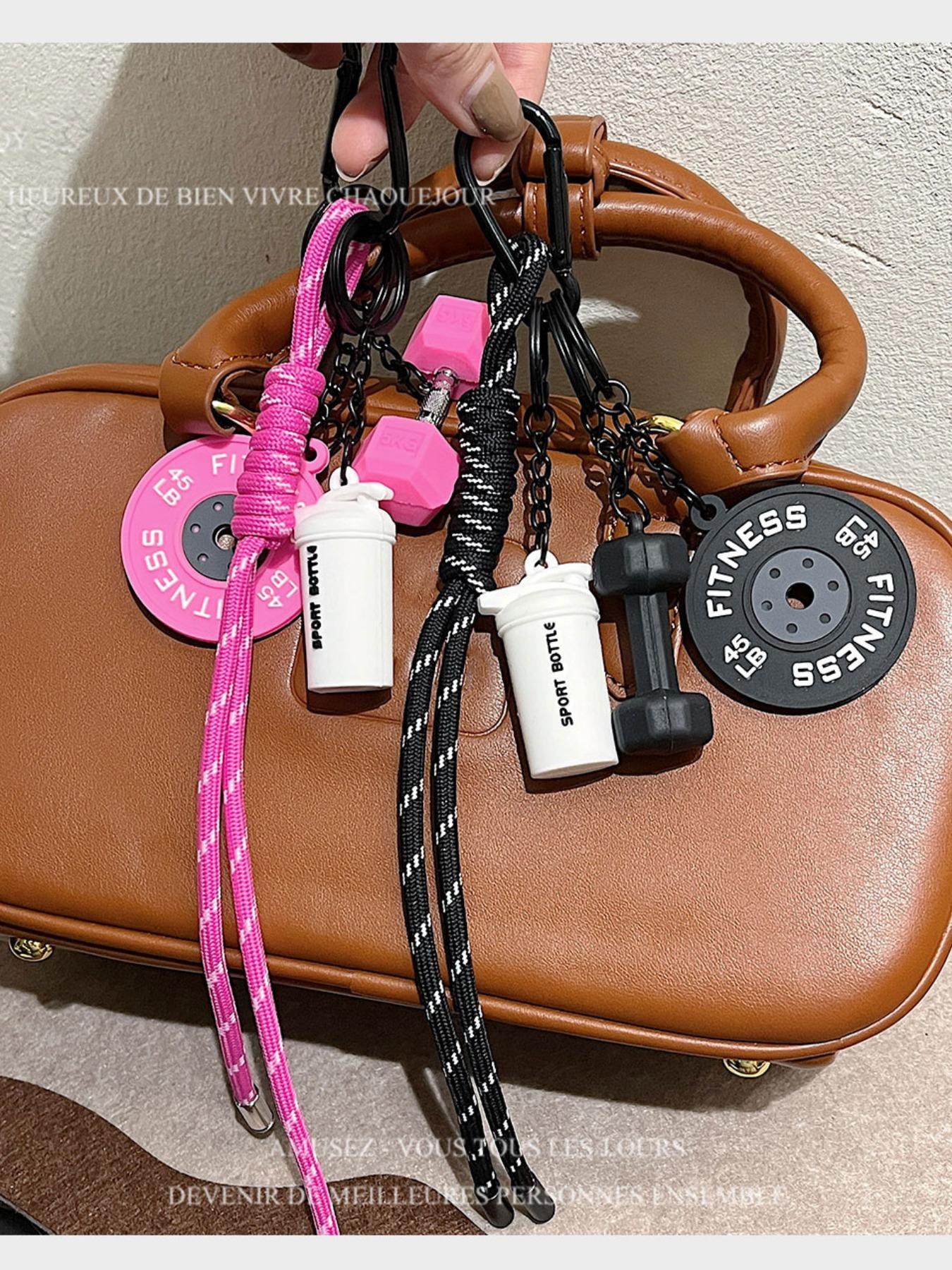 Fitness Gym Keychain, Barbell & Dumbbell Pendant Lanyard Keyring with Woven White and Pink Rope, Bag/Purse Charm and Weightlifting Themed Jewelry Accessory