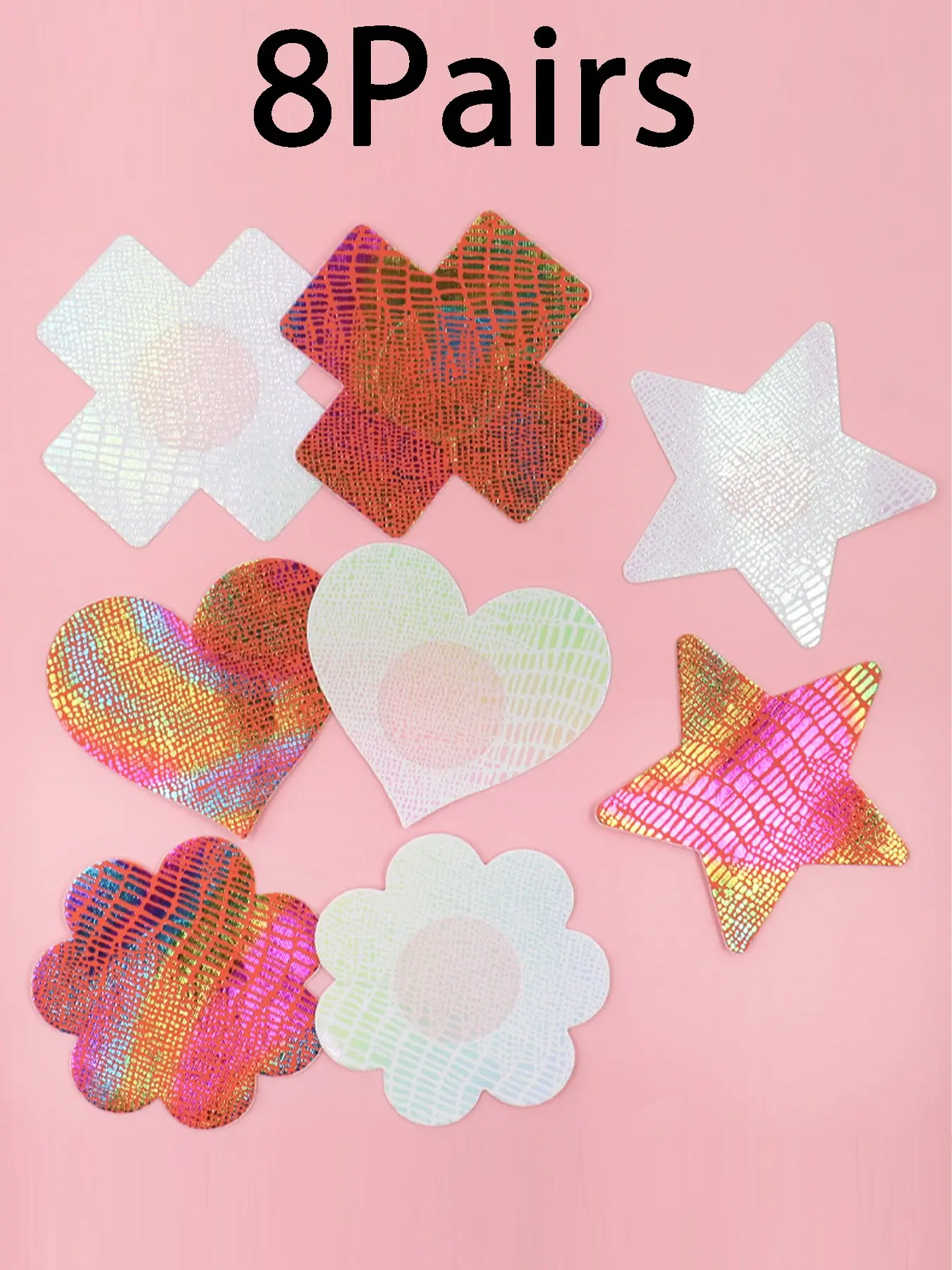 8-pack of thin anti-slip breast pads, Nipple covers, bubble holographic shimmer disposable invisible stickers, Bra Accessory, Boob Pads. Suitable for daily wear, party look pairing, and photo decoration. Multiple shapes for different clothing needs.