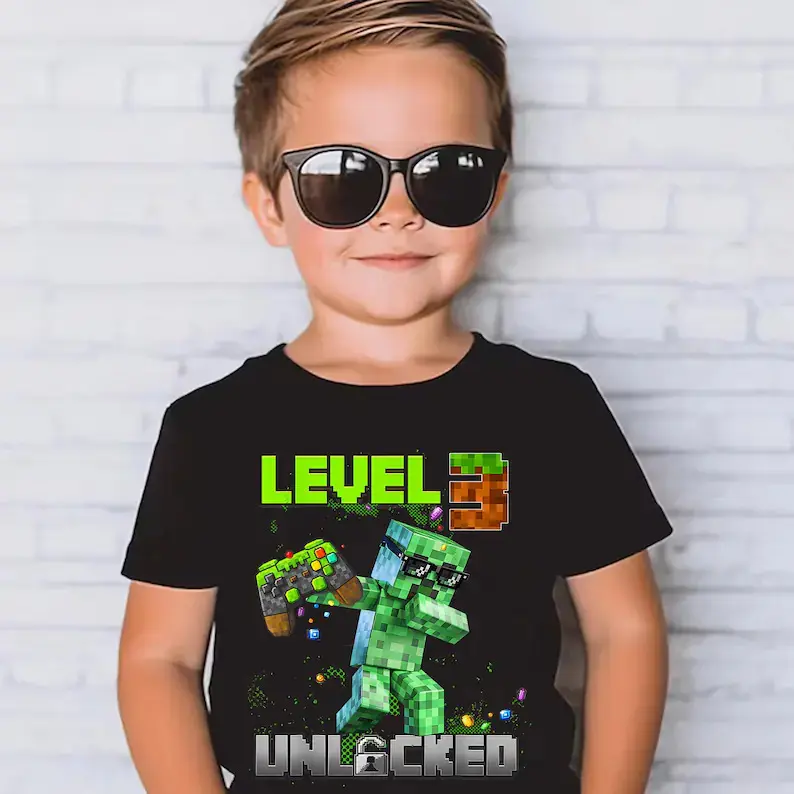 Level 3 Unlocked Funny Birthday Boy Pixel Gamer Shirt, Level 3 Gamer School Shirt for Boys, 3rd Birthday Boy Gift, Back to School & Birthday Gift