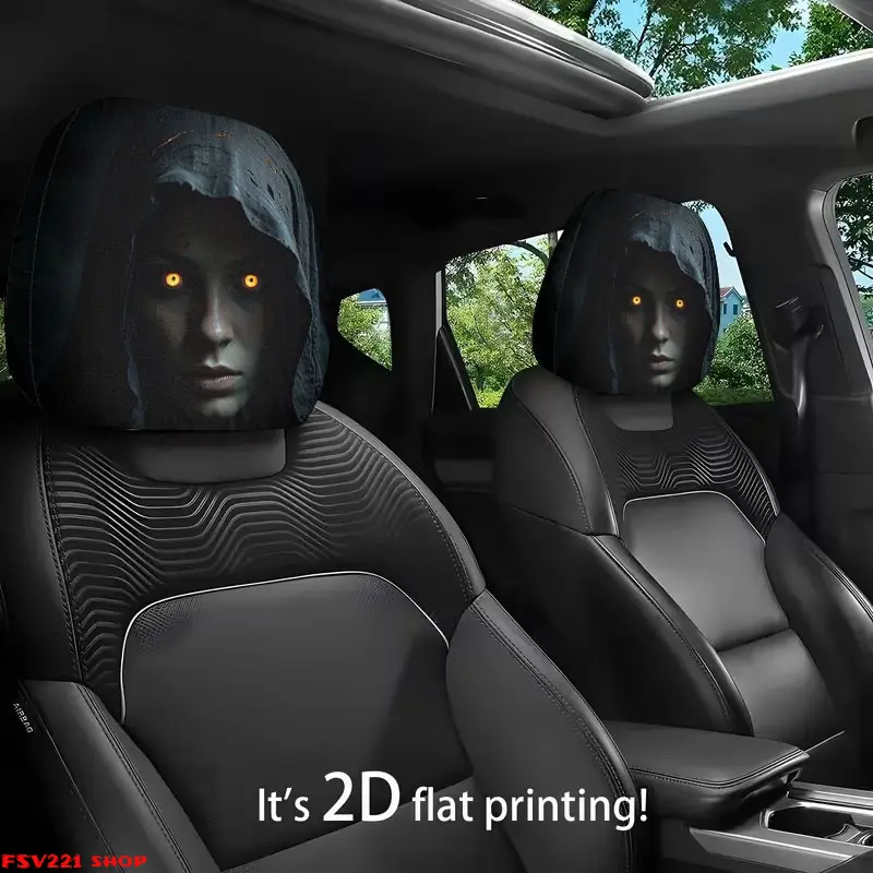 2Pcs Creepy Ghost Print Covers for Vehicle Interior -  Spooky 2D Flat Printed Seat Pillow  2D Flat Printed Spooky Covers for Halloween