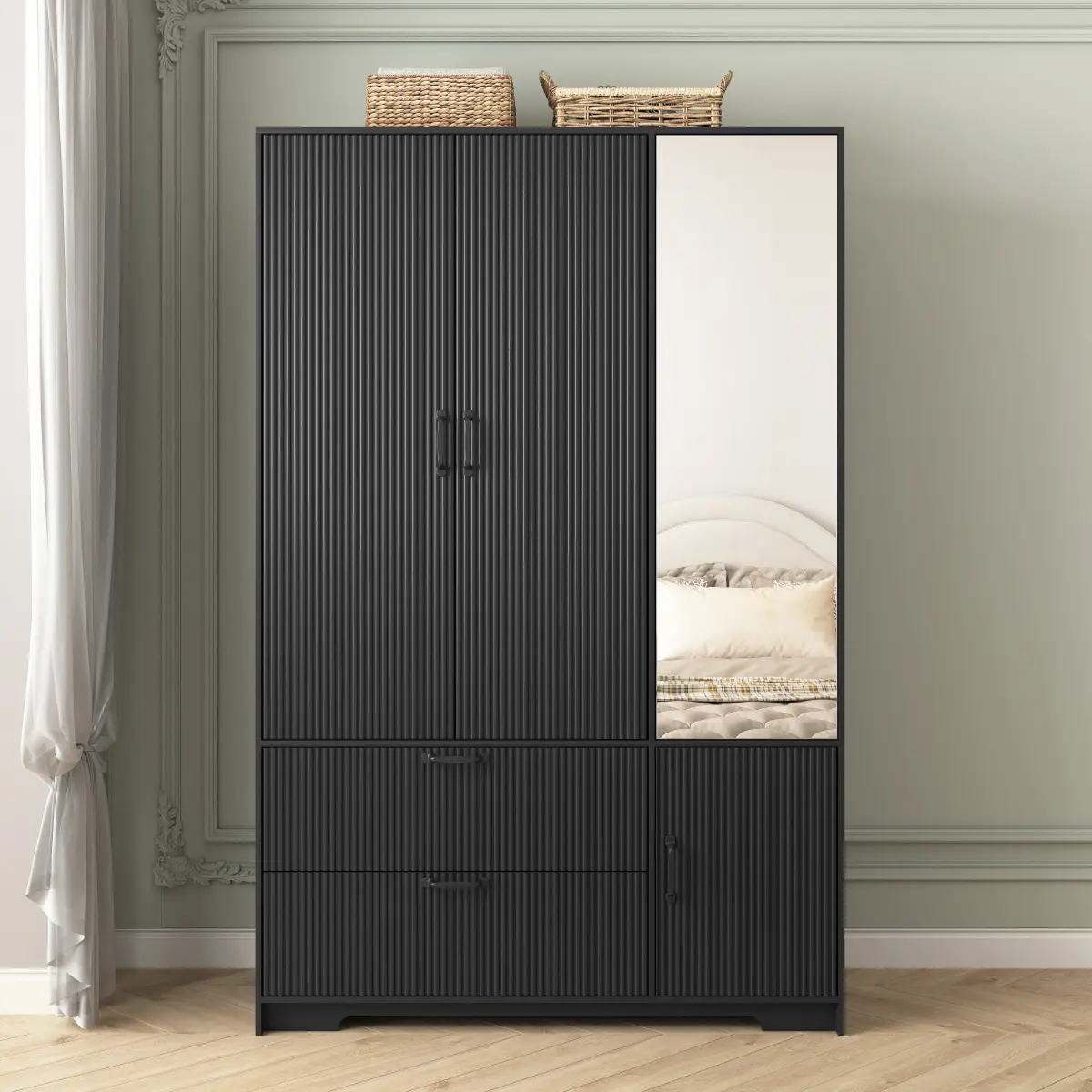 Aobtkel4 Doors Wardrobe Closet with Mirror, LED Wardrobe with Doors and 2 Drawers, Wooden Wardrobe Storage Cabinet with Hanging Rod, Adjustable Shelves, Black