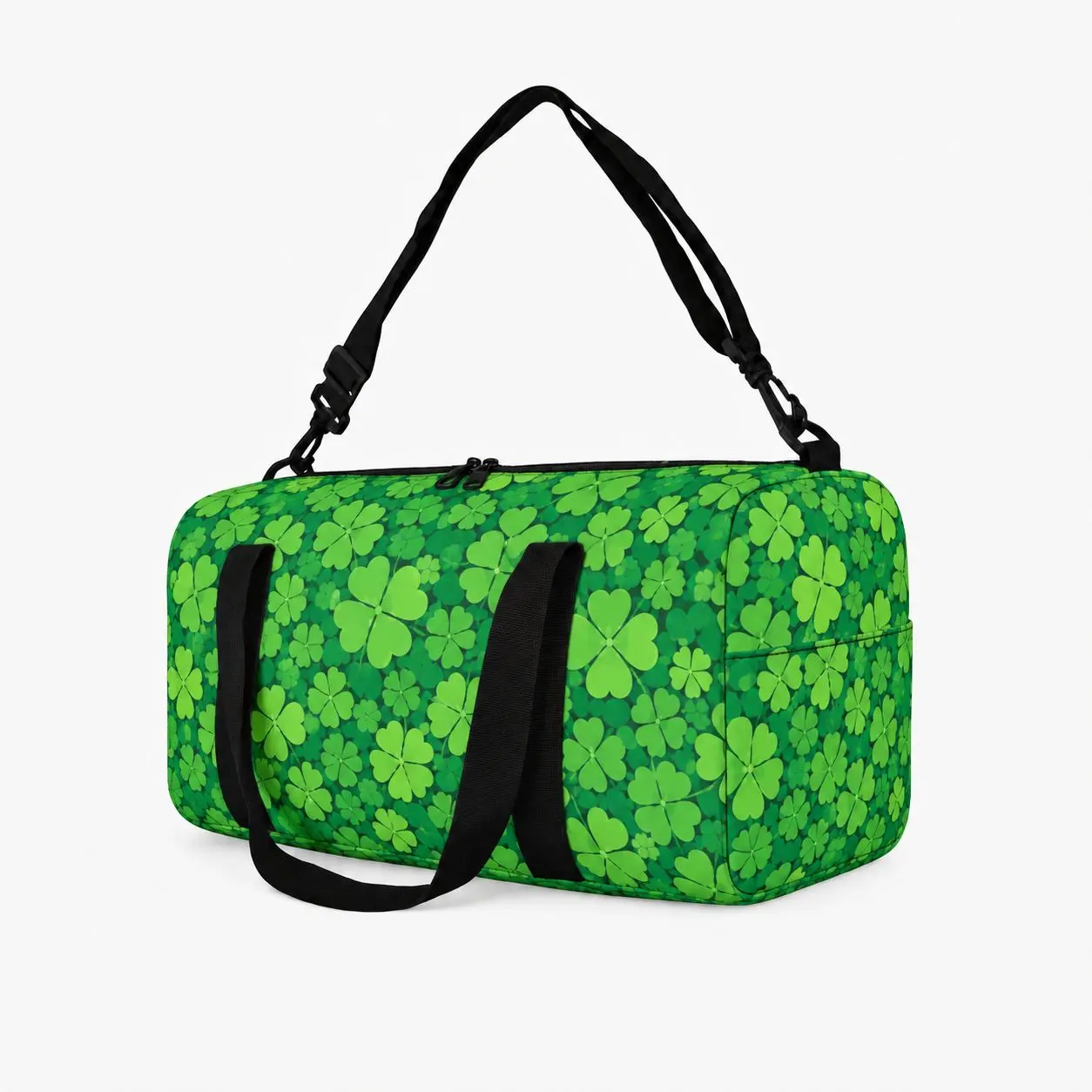 Green Clover Print Travel Duffel for Men Women, Polyester Fabric with Dual Handles, Adjustable Shoulder Strap, Zipper Closure, Rounded Body and Side Pockets, for Overnight Stays, Gym Sessions, Road Trips, Campus Use, City Commutes and Weekend Getaways