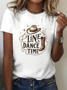 Line Dance Time Letter Print T-Shirt, Short Sleeve Crew Neck Casual for Summer And Spring, Women'S Clothing
