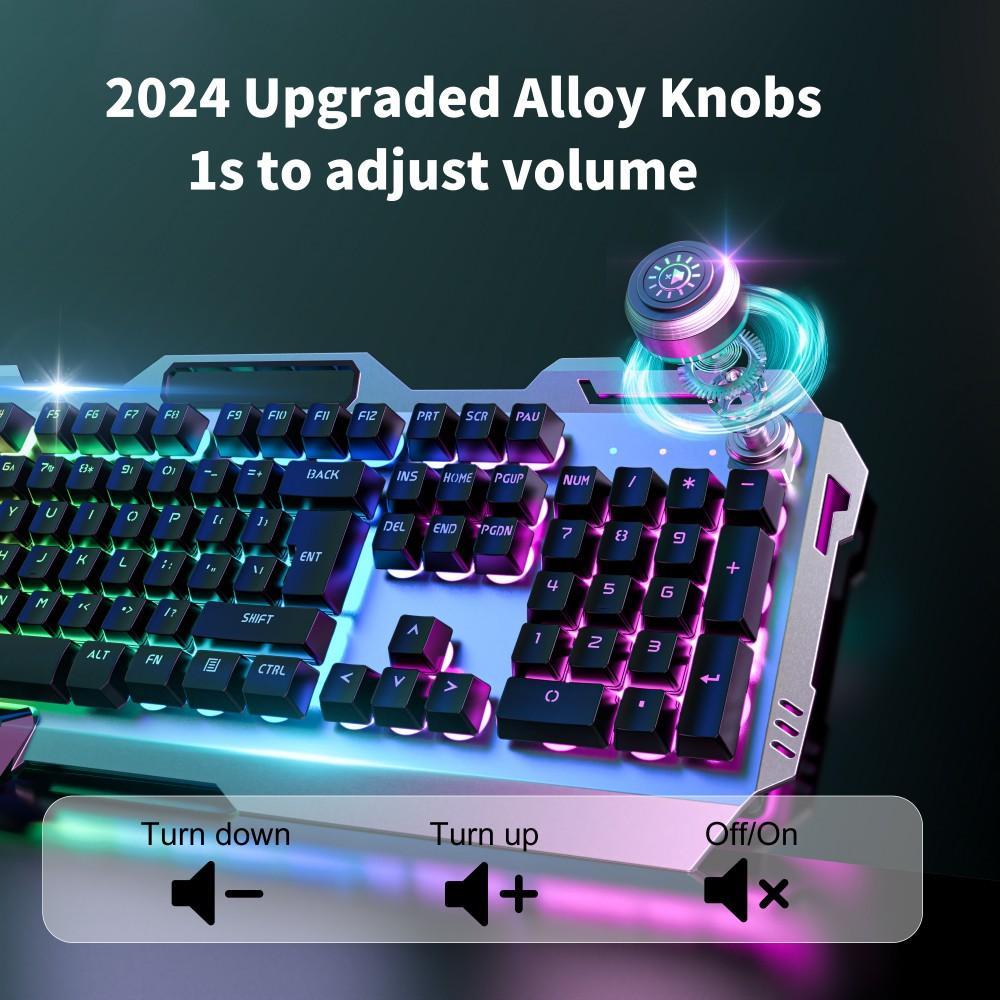 EWEADN Wired Gaming Keyboard, LED Backlit 104 Keys Full-size Silent Keyboard, Ergonomic Keyboards with Knob Switch for Desktop Computer and Notebook, Rainbow Keyboard