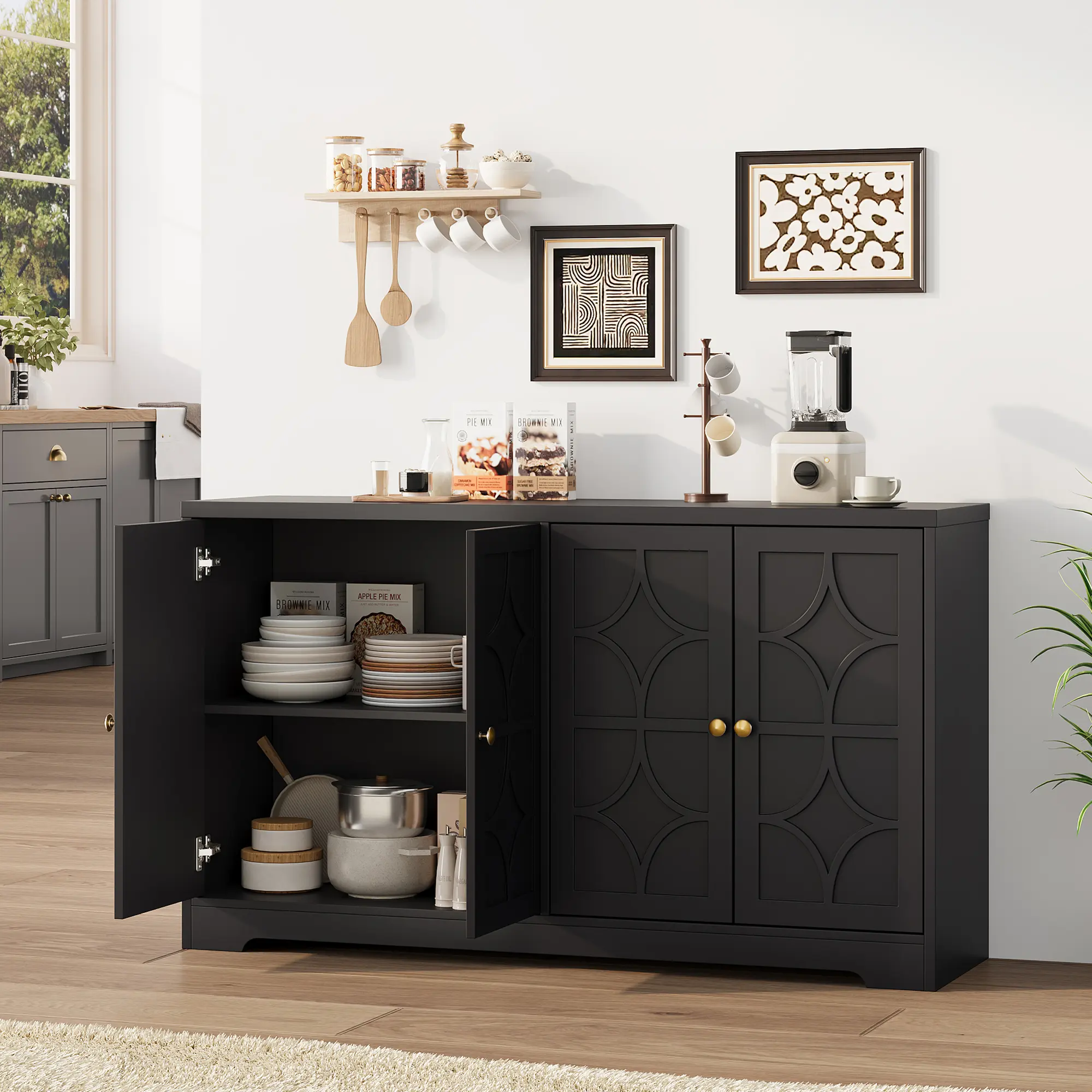 55-Inch Modern Black Buffet Sideboard Storage Cabinet - Credenza with 4 Doors, Adjustable Shelves, Gold Handles, Versatile Indoor Furniture for Dining Room, Kitchen