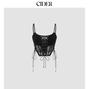 Cider [size 2-10] Mesh Scoop Neckline Solid Corset Lace Up Cami Crop Top
