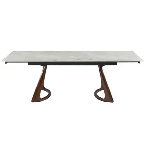 ARCH Retractable Imitation  Sintered stone Table Expandable 63" to 94.48" can Seats 6-8 Person Heat Resistant Scratch proof Heavy Duty Carbon DARK WALNUT SOLID WOOD base for Home Kitchen Living Room Table