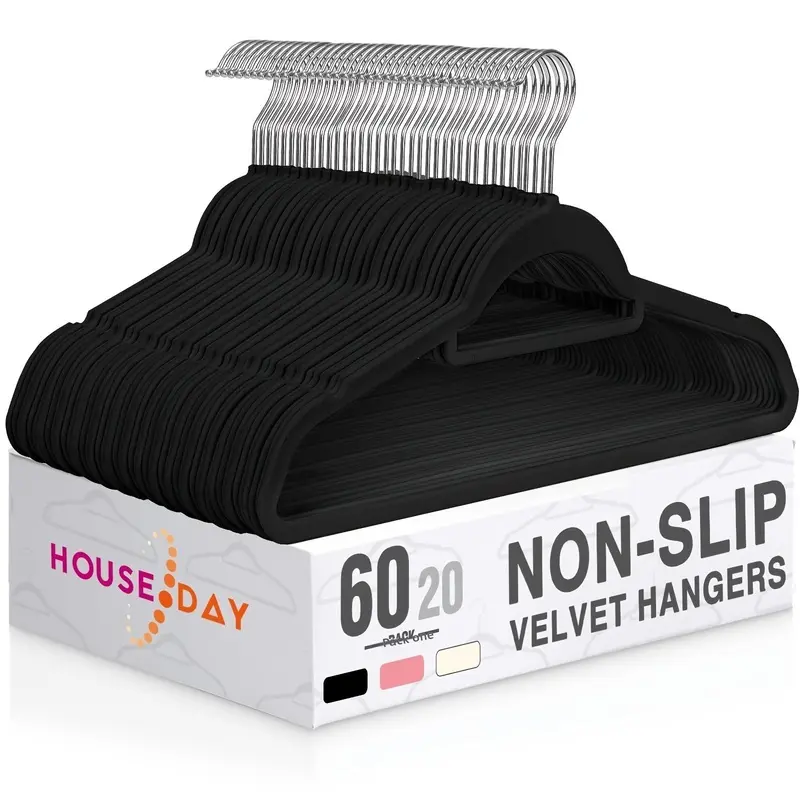 Heavy Duty Black Velvet Hangers with Smooth Velvet Grip, Wall-Mounted Plastic Frame Hooks, Space-Saving Home Organiser for Hanging Suits, Shirts, Dresses (Black60pcs)