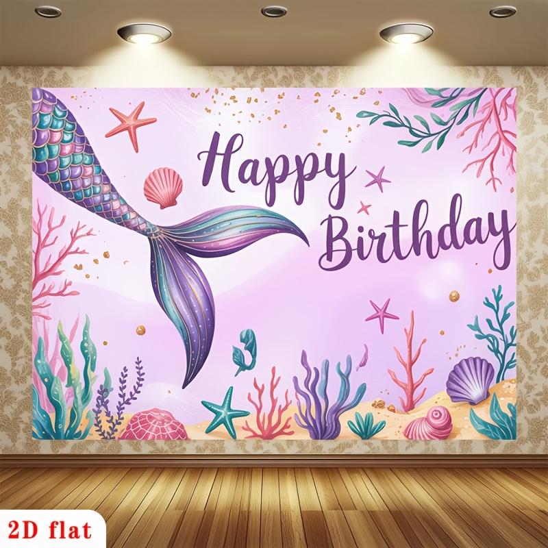 2D Flat - 2D Flat - 1pc 2D Flat Happy Birthday Banner | Iridescent Mermaid Tail, Colorful Starfish, Seashells, Pink Underwater Background Polyester Backdrop For Party Decor, Farm, Garden, Home, Room, Club |