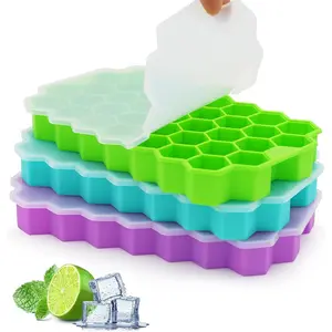 Ice cube tray, 3-piece set with lids, silicone ice cube molds with lids - 37 compartments, easy to remove and reusable, 111 small ice cubes, suitable for iced coffee, cocktails, whiskey, chocolate, soup, food