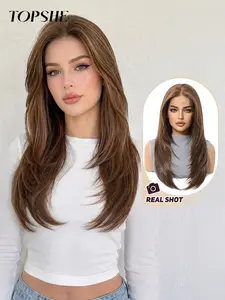 Thoshe Lace Front Fiber Wig, 22 Inch Straight Hair, Deep Gold Base, Light Gold Highlights, Natural Shine, Lightweight, Women