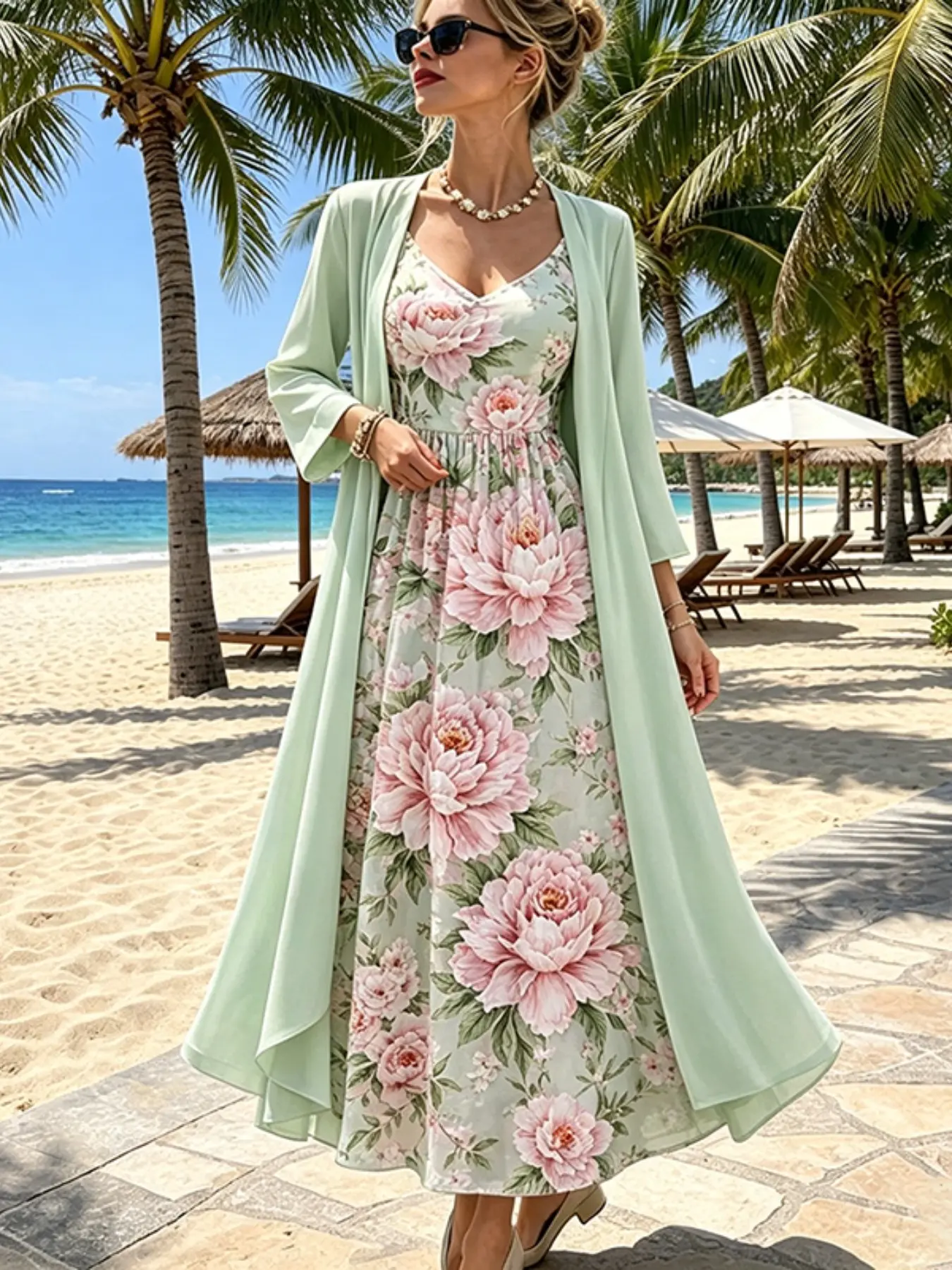 Mint Cardigan Two-Piece Set, Large Peony Floral Halter Long Dress, Beach Vacation Dress, Stylish Summer