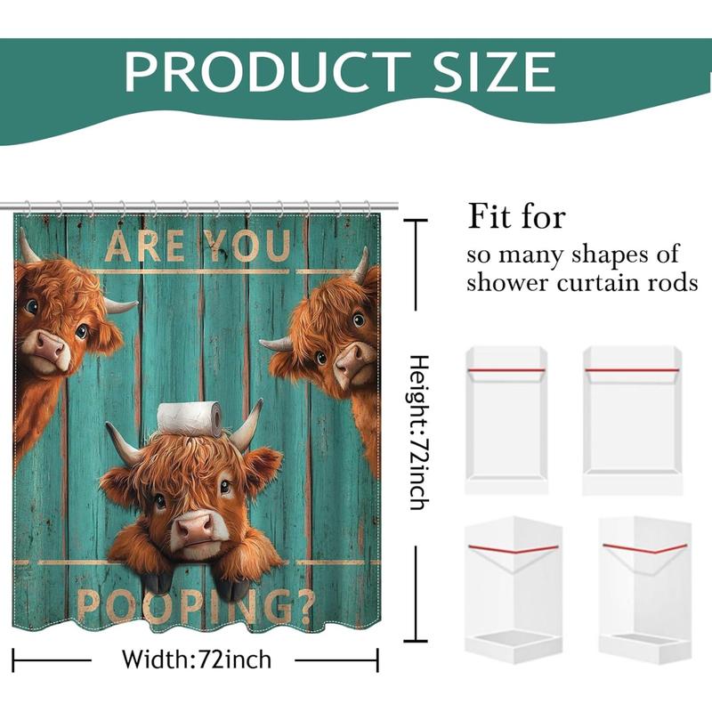 Vintage Funny Highland Cow Shower Curtain with Hooks, Retro Farmhouse Green Plank Door Bath Curtain for Farmhouse Highland Cow Bathroom Decor Waterproof Fabric, 72 X 72 Inch