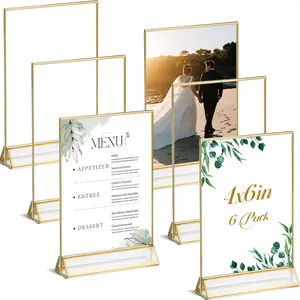 Sign Holders with Golden Border, Portrait View, Pack of 6 | 4x6 Inches Double Sided Clear Frame,  for Wedding reception, Centerpiece, Decoration, Party,Anniversary, Event