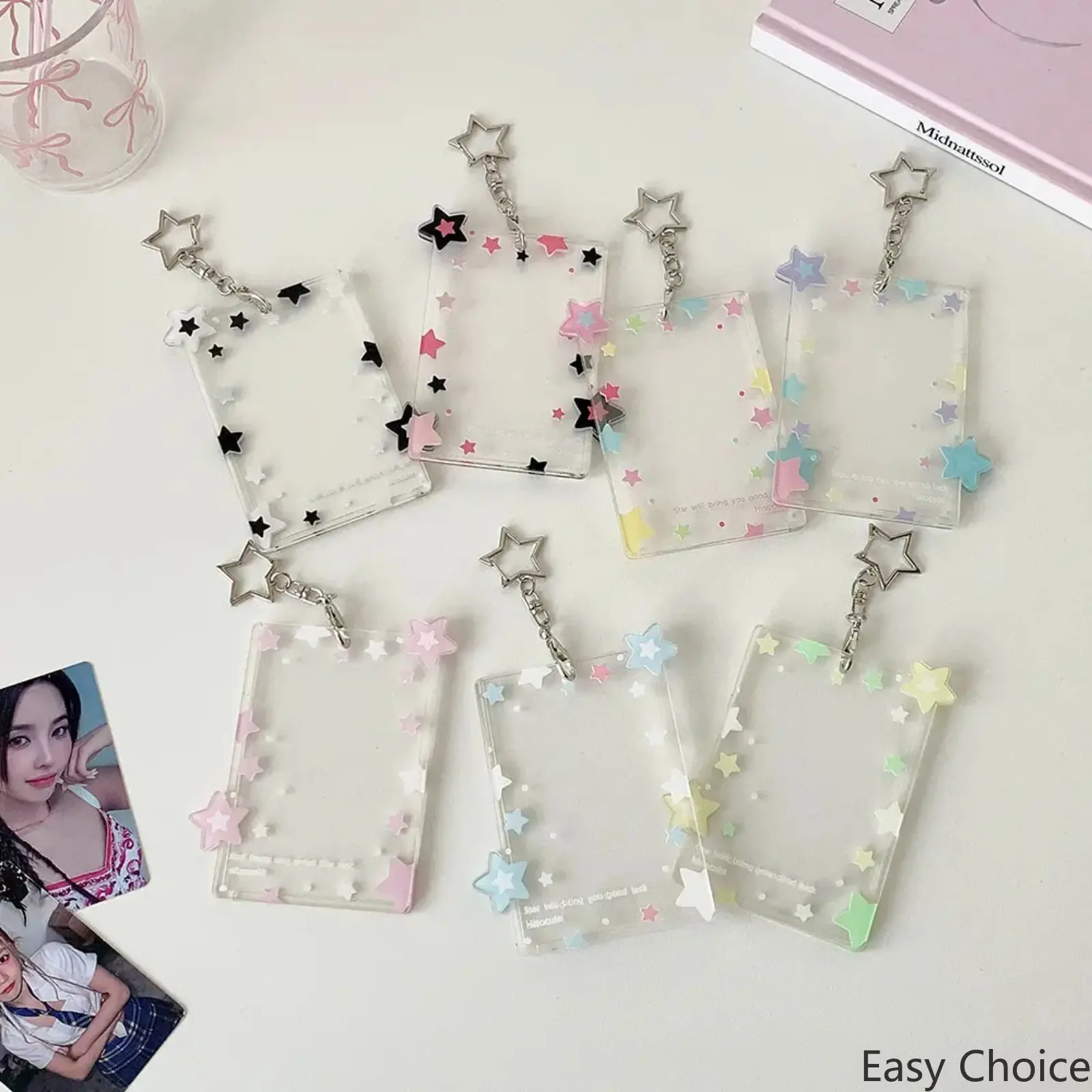 Pastel Star Clear Acrylic Photocard Holder with Star Keychain Cute Kpop Idol Photo Card Protector Sleeve