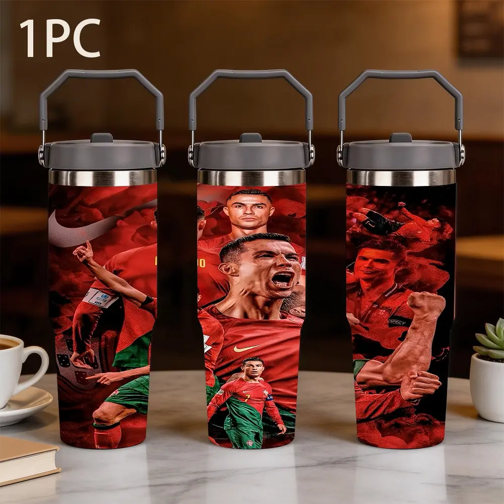 1pc 30oz large-capacity portable insulated cup with a collage theme pattern of Cristiano Ronaldo's multiple images, featuring a collage poster style, 304 stainless steel vacuum double-layer insulation, a rotating seal lid and a gray portable handle