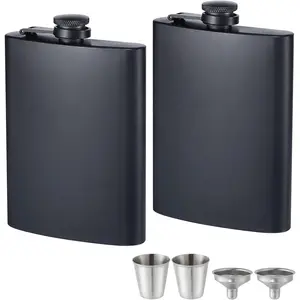 2 Pack Hip Flasks for Liquor Matte Black 8 Oz Stainless Steel Leak-proof Thin Flasks with 2pcs Funnels and Cups for Wedding Party, Groomsman, Bridesmaid, Gift (Black)