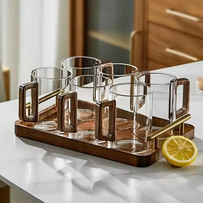 Set of 4 13.53 oz Glass Walnut Handle Household Whiskey Glass High Borosilicate Glass Large Capacity Bubble Tea Mugs