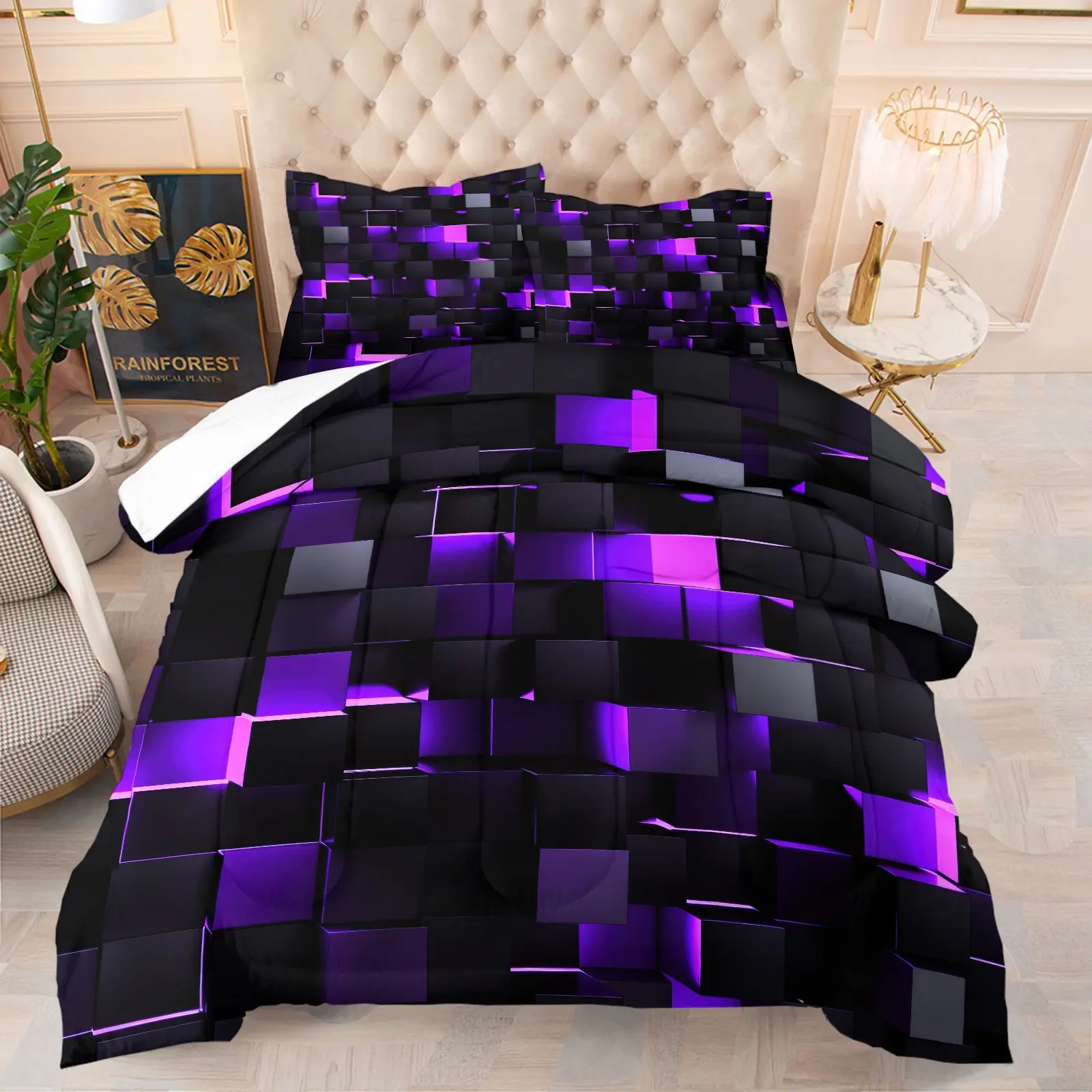 3D Purple Glowing Cube Geometric Comforter Set, Black Futuristic Square Block Optical Illusion Print, 1 Comforter + 1-2 Pillowcases, Soft Microfiber Washable Bedding, Modern Tech Style All Season Bedroom Quilt Set