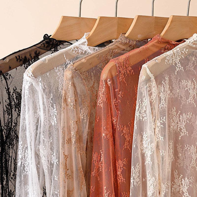 3PCS Black White Coffee Women Half High Collar Mesh Bottomed Blouse Shirt Lace Ear Edge Hollow Long Sleeve Lace Top