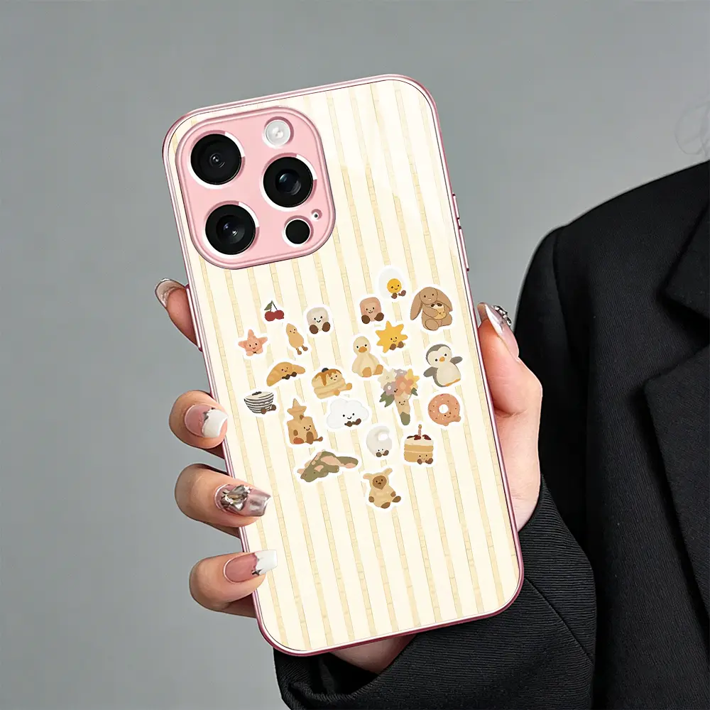 Cute Stickers Phone Case， Aesthetic Kawaii Style， for compatible with iPhone 17 Pro Max 17 Air 17Pro 16 Plus 15 14 13 12 11 Pro Max， Adorable Food and Animal Pattern Daily Creative Gift
