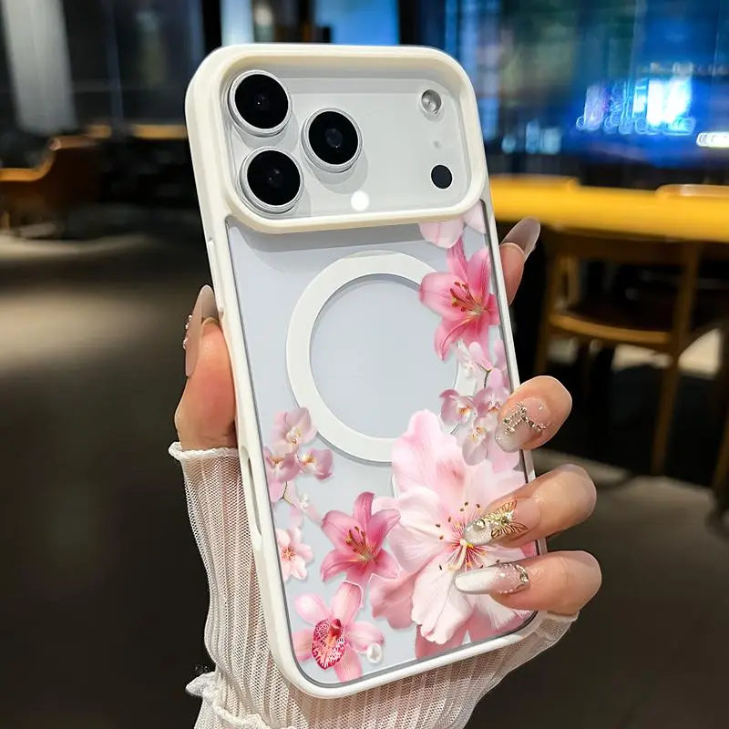 Magnetic Smartphone Case for iPhone 17/16 Pro Max Plus/15/14/13/12/11/Air E, Blush Floral Cascade Pattern, Wireless Charging Support, Non-Yellowing Shockproof Soft Silicone Transparent Acrylic Cover for Handheld Cellphone Devices Protection, Casing
