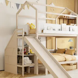 ARCH House-Shaped Wooden Bunk Bed - Twin Over Convertible Lower Bed, Built-In Slide, Storage Staircase, Beige+White MDF Plywood, Guardrails with Display Shelves, 246.00 lb, 96.3" L x 97.8" W x 93.1" H, Assembly Required, Kids' Bedroom Loft Design Frame
