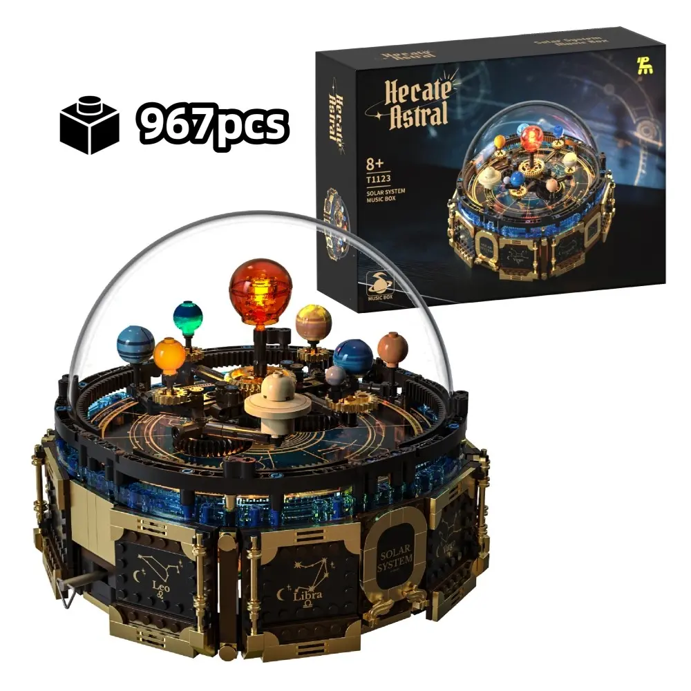 967PCS Technical Rotating Solar System Building Blocks, Space Science Education Music Box with Light, MOC STEM Astronomy Toy Gift for Kids Adults DIY Decor
