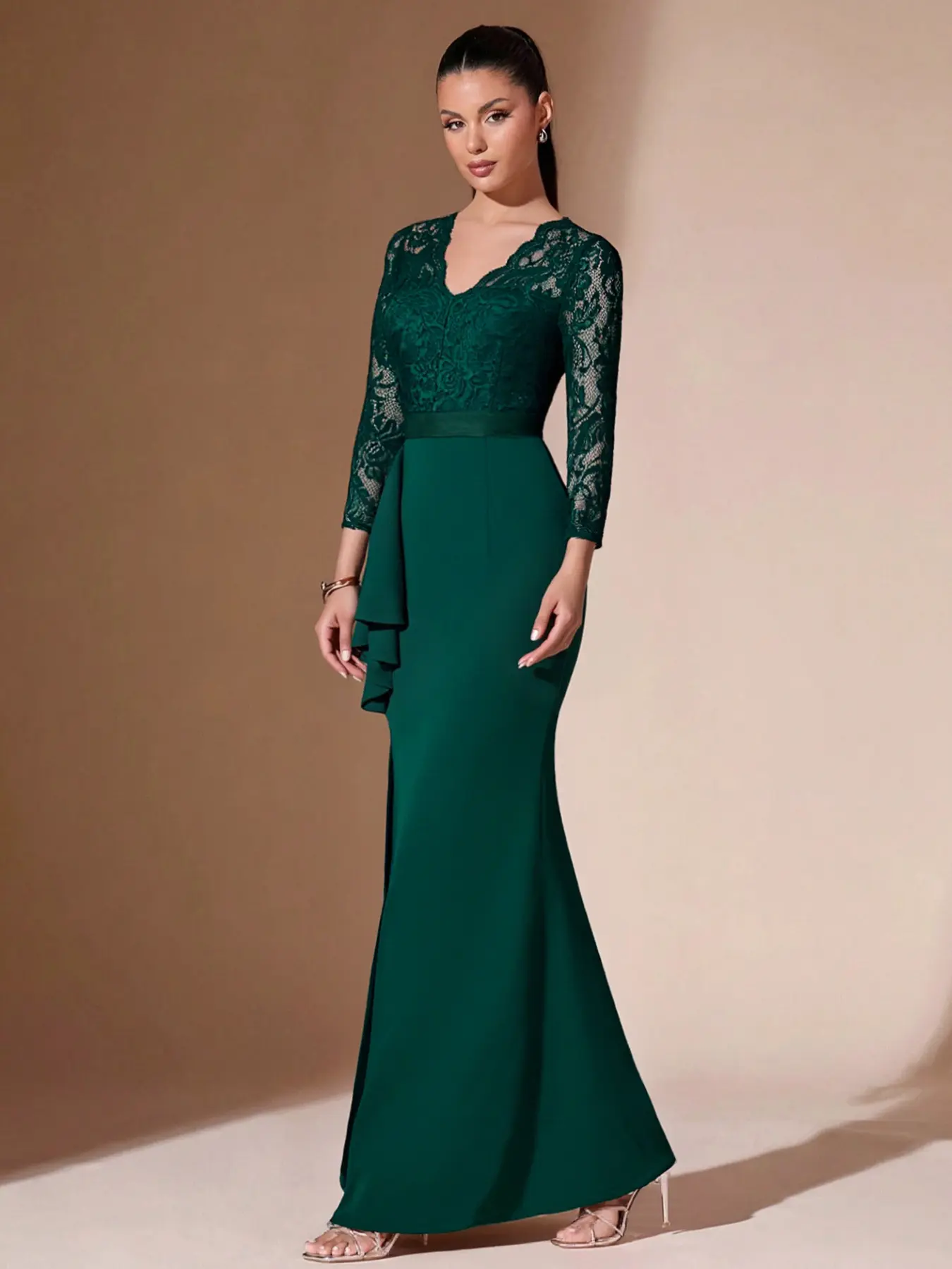 Elegant V-Neck Lace Long Tailored Dress, Women's Slim Fit Slit Design, Stylish Chic Feminine Formal Evening Wear, Perfect for Parties and Events