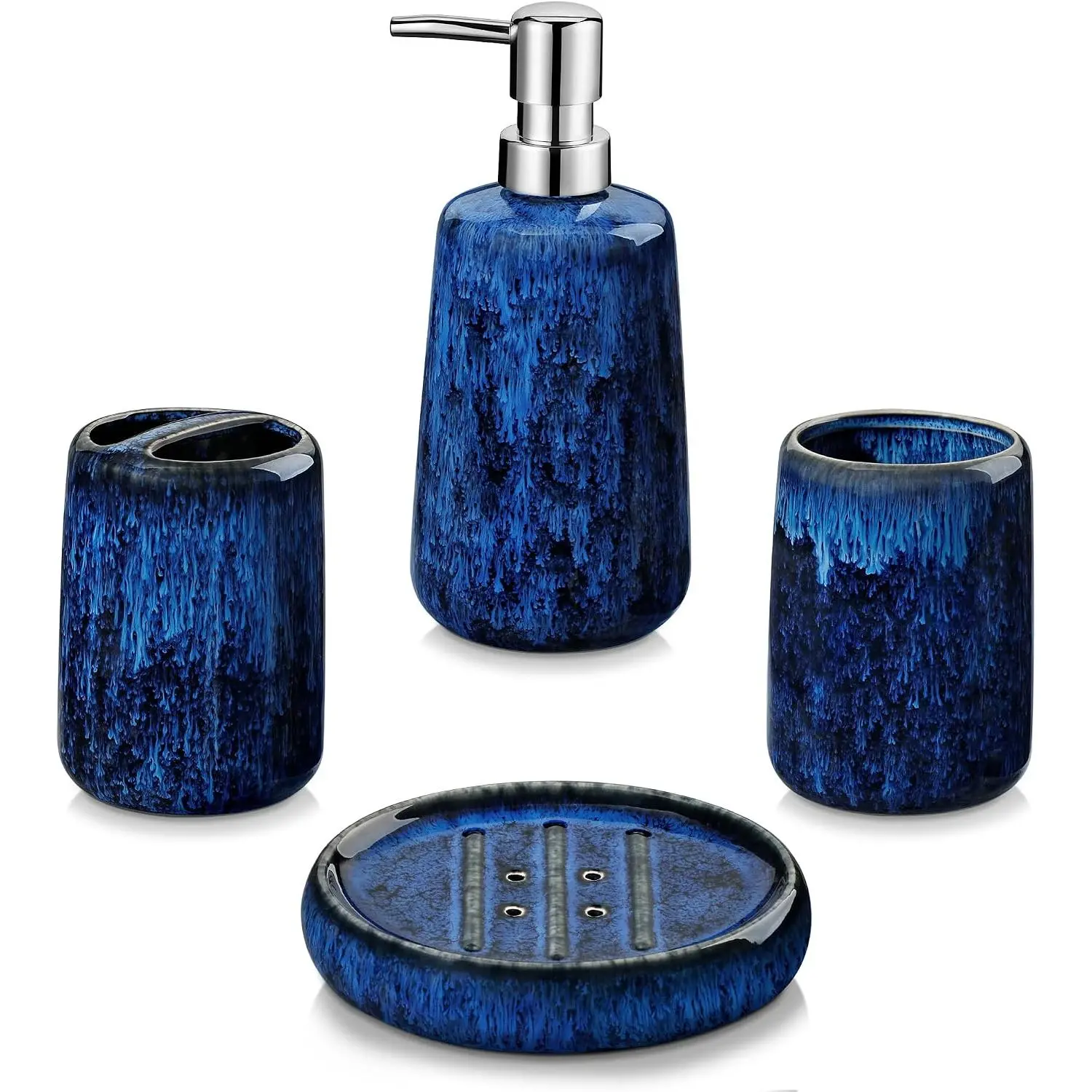 Blue Bathroom Accessories Set, Ceramic Soap Dispenser and Toothbrush Holder Sets, Stoneware 4 Pcs Bathroom Sink Set for Modern Home Decor, Series Starry