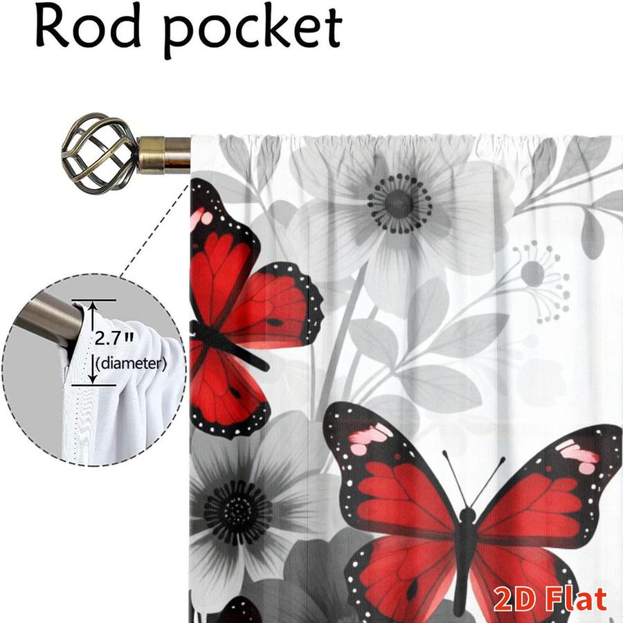 2Pcs Red Butterfly Floral Pattern Curtains Digital Printed Rod Pocket, Window Treatment For Bedroom Office Kitchen Living Room Study Home Decor