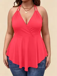 【Plus Size】 Solid Color Halter Top, Casual Fashion Sleeveless Top for Daily Outdoor Wear, Women Plus Clothing for Summer