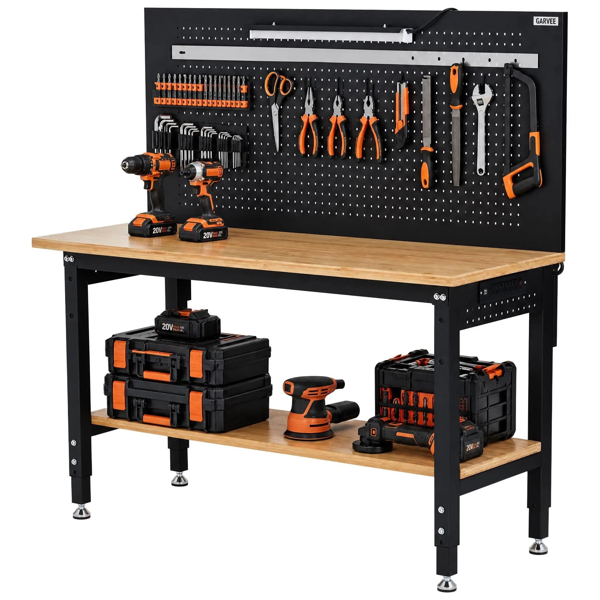 Garvee 60" Adjustable Work Bench with Storage Shelf & Pegboard, Power Strip