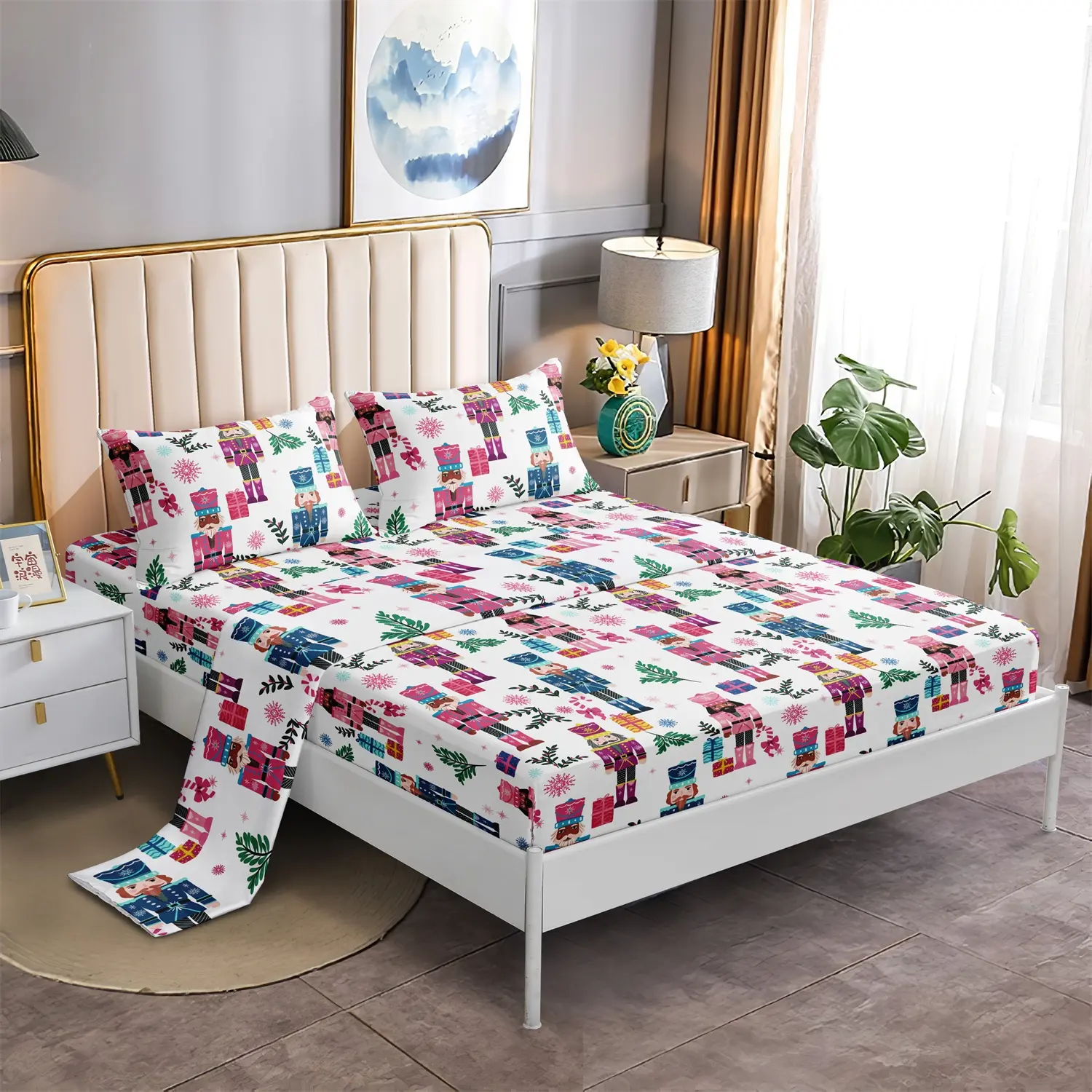 4‑Pieces Colorful Christmas Nutcracker Soldier Print Bedding Sheet Set, Bedding Sets, Soft Microfiber Xmas Holiday Bed Decor Includes 1*Fitted Sheet & 1*Flat Sheet & 2*Pillowcase, Festive Winter Style Bedroom Home Decoration