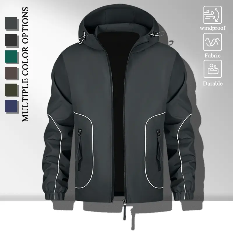 Men Adjustable Drawstring Hood Casual Jacket, Windproof Durable Light Fabric Full Zip Outerwear with Curved White Piping Trim, Elastic Cuffs Zipper Side Pockets, Loose Fit Coat for Sports Hiking Daily Street Outfits, Multiple Neutral Tone Options