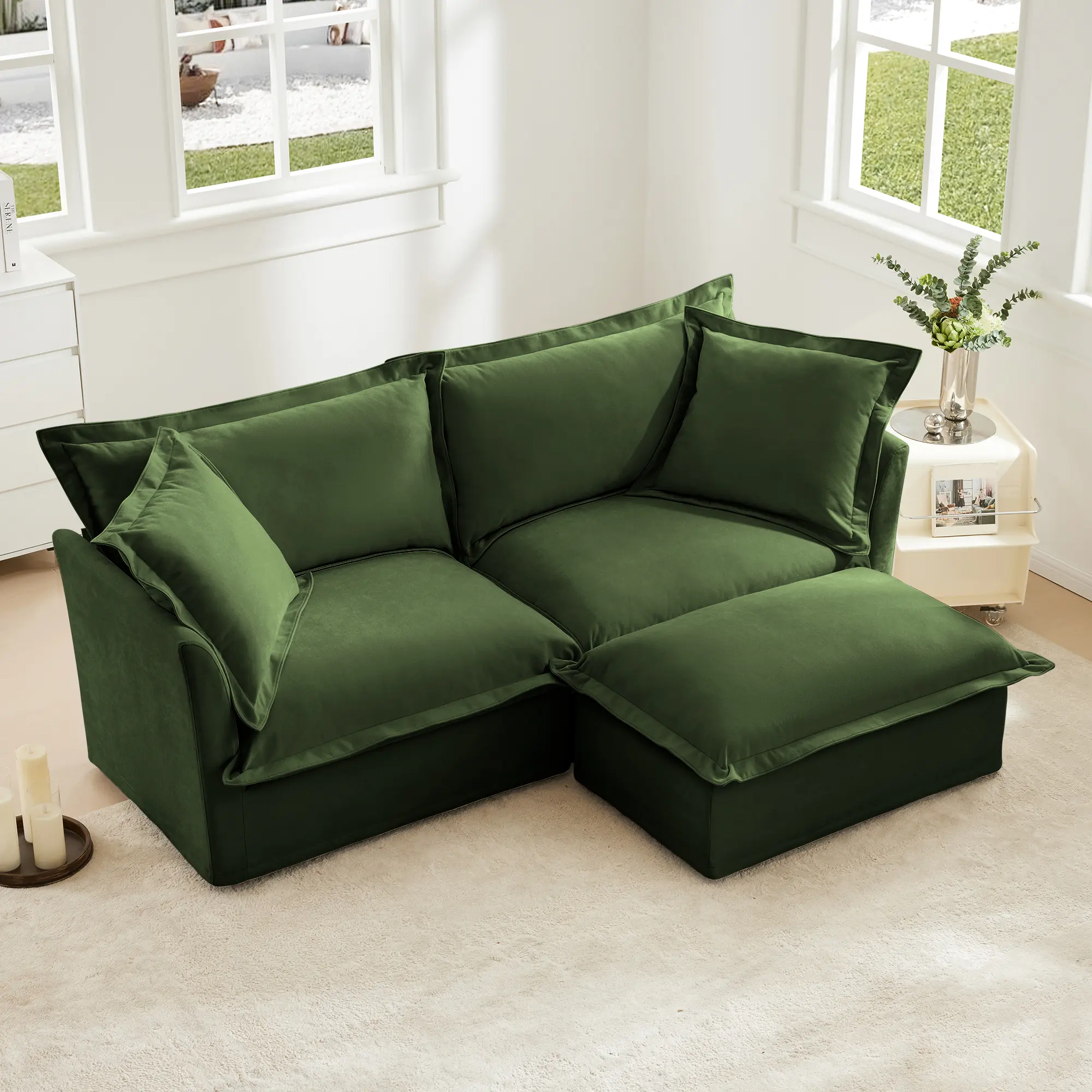 Nokaa Slipcovered Sectional 2 Seater Sofa Couch with Convertible Ottoman, Wide Deep Seat L Shaped Sofa with Detachable Cover and Soft Multiple Big Pillows, Chenille Fabric, Green for Living Room, Apartment, Lounge