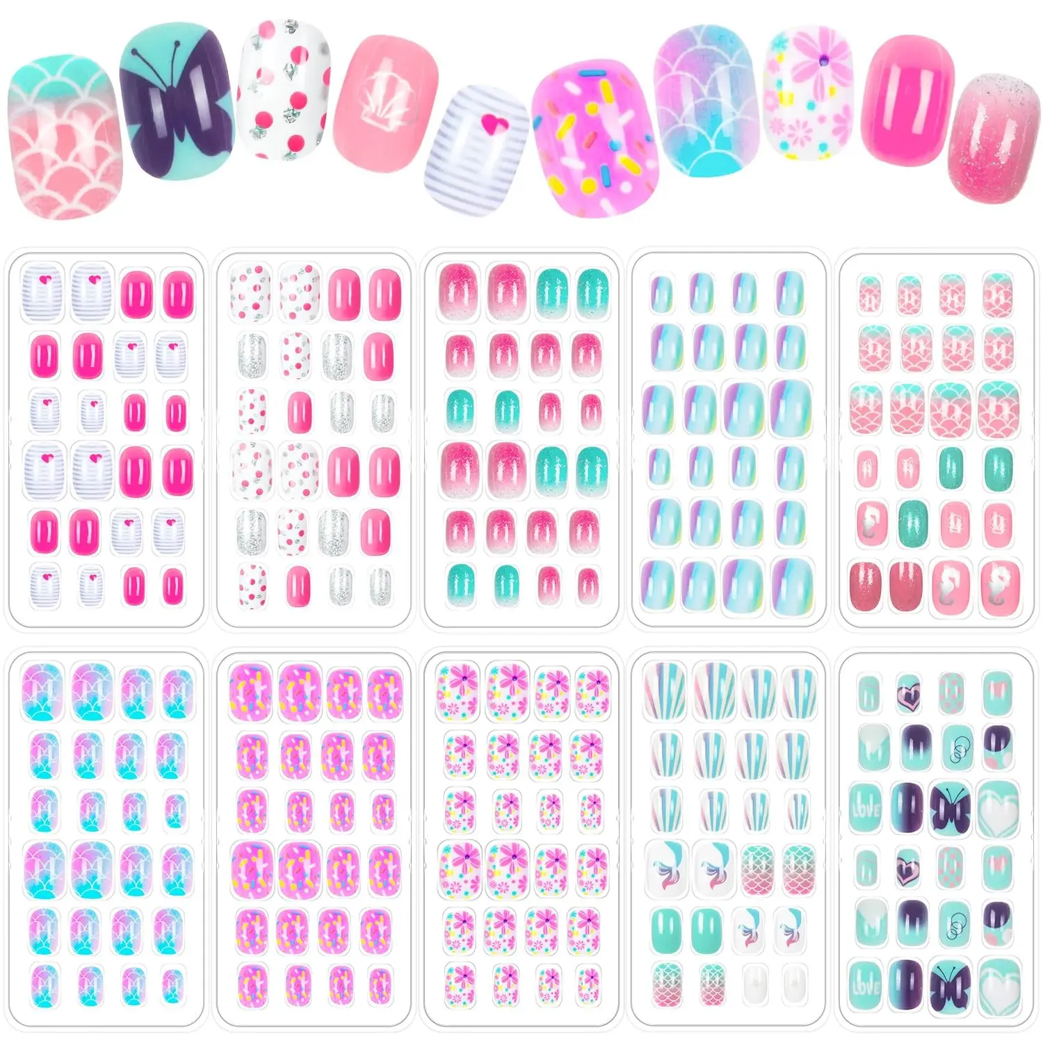 240 Pieces Press on Nails Girls Fake Nails for Kids Artificial Kids Press on Nails Full Cover Short Acrylic Stick On Nails False Nail Tips Kit for Girls Nail Art DecorationGift.