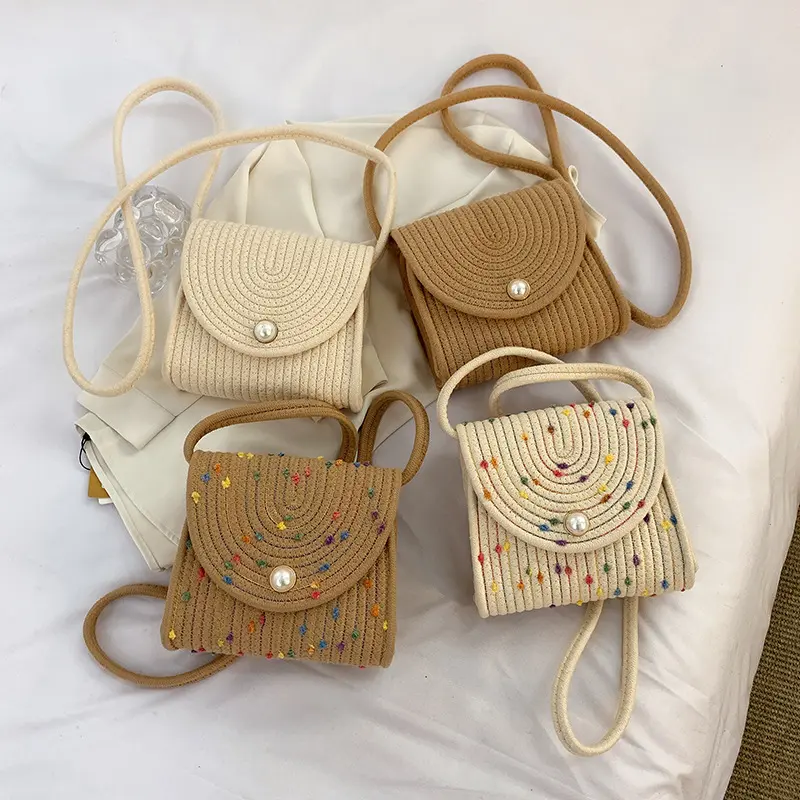 Handmade Summer Cotton Rope Woven Bag for Girls, Sweet Pearl Envelope Bag, Trendy Crossbody Small Bag