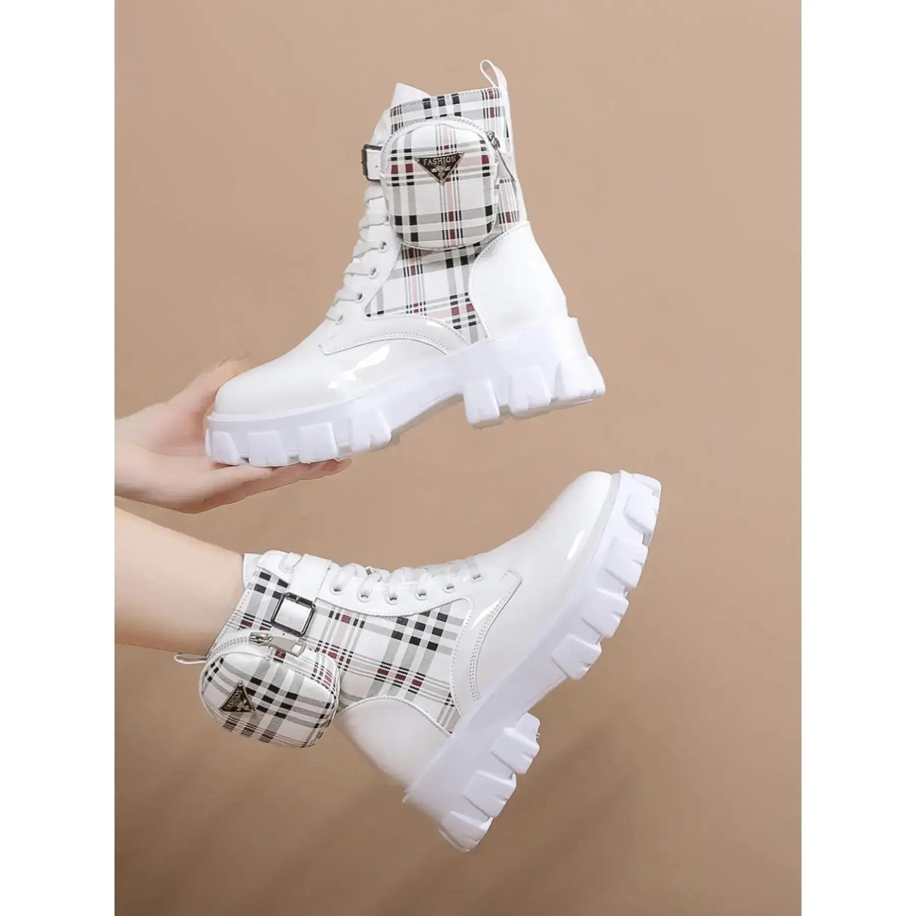 Women's Casual Fashion Booties, PU Leather & Canvas Patchwork Lace-up Shoe with a Warm Lining and Side Zipper for Fall Winter, Footwear, Walking Shoes, Fabric, Daily Walk, Insulated