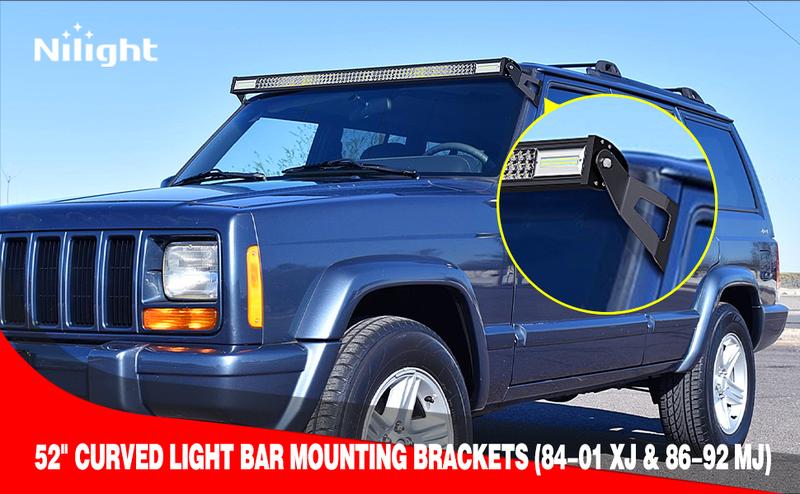 Nilight 52 Inch Curved Light Bar Bracket at Upper Windshield Roof Cab for 1984-2001 Jeep Cherokee XJ & 1986-1992 Comanche MJ (Pair) Nilight 52 Inch Curved Light Bar Bracket at Upper Windshield Roof Cab for 1984-2001 Jeep Cherokee XJ & 1986-1992 Comanche MJ (Pair)