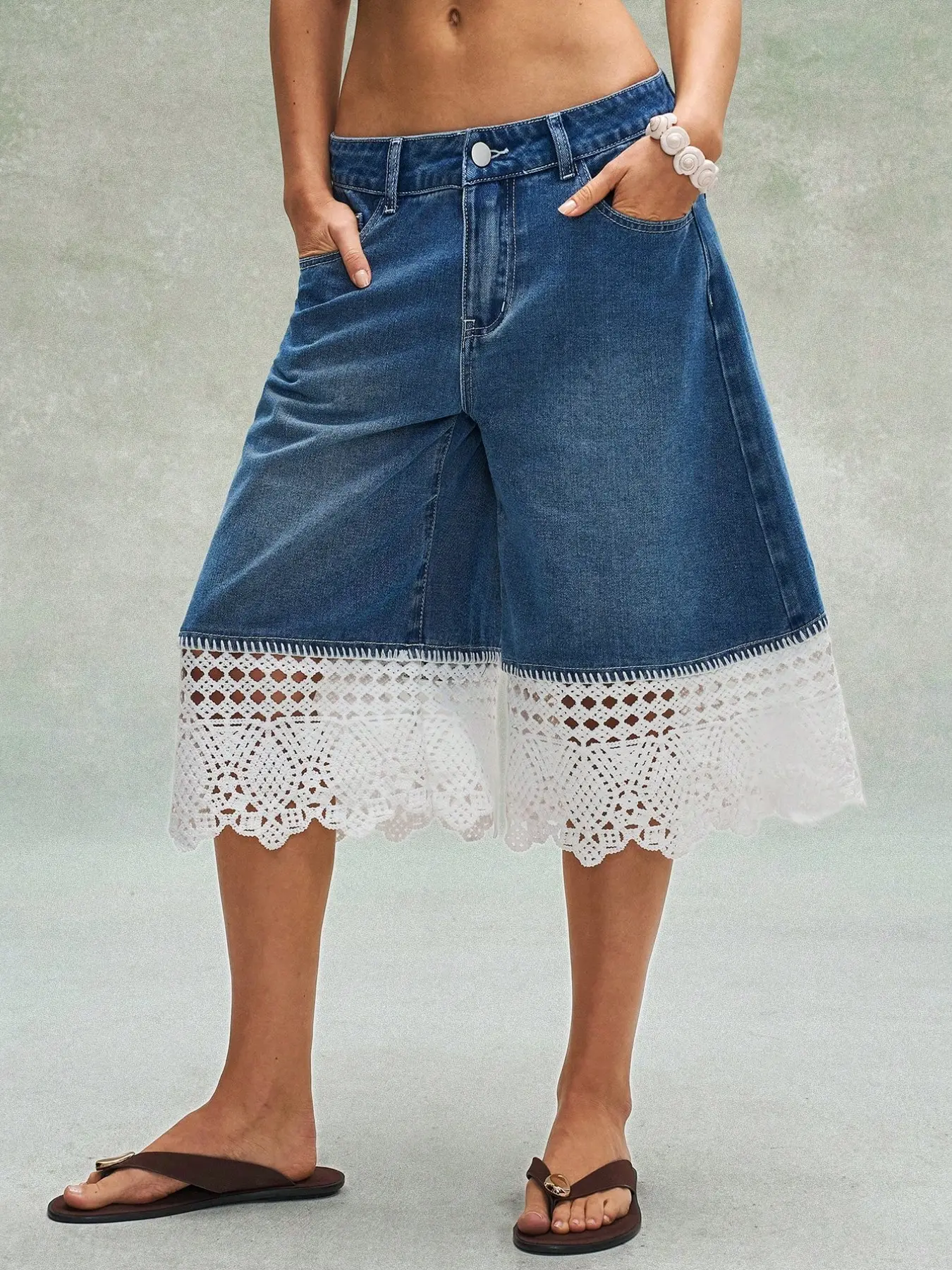 Deep Blue Lace Trim Denim Jean Wide Leg Seven-Eighths Pants for Women, Boho High Waist Loose Fit, Ideal for Beach Vacations and Travel