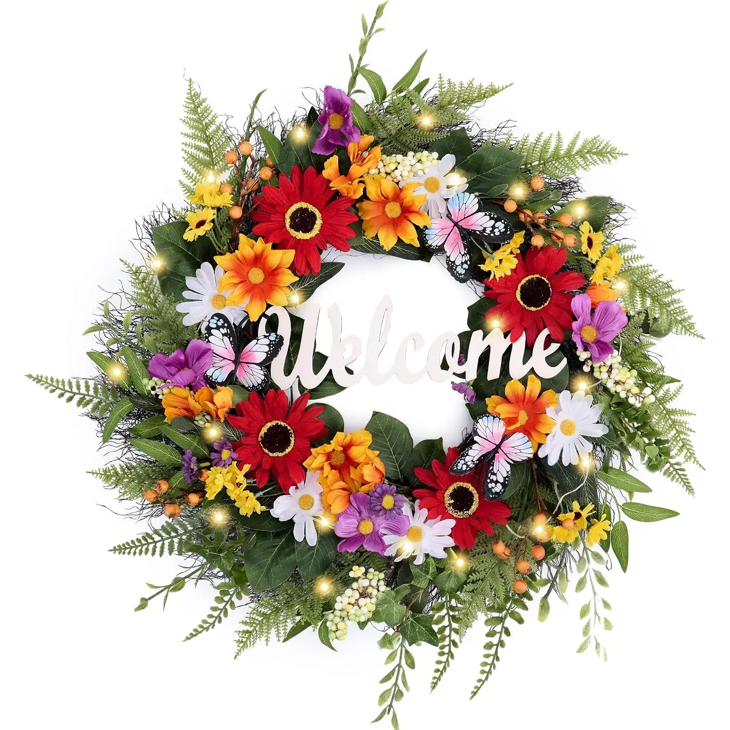 Spring Summer Wreaths for Front Door, Collapsible 24 Inch Door Wreath with Daisy Flower,Butterfly and “Welcome” Wood Sign Floral Wreath for Wedding, Wall, Home Decorations