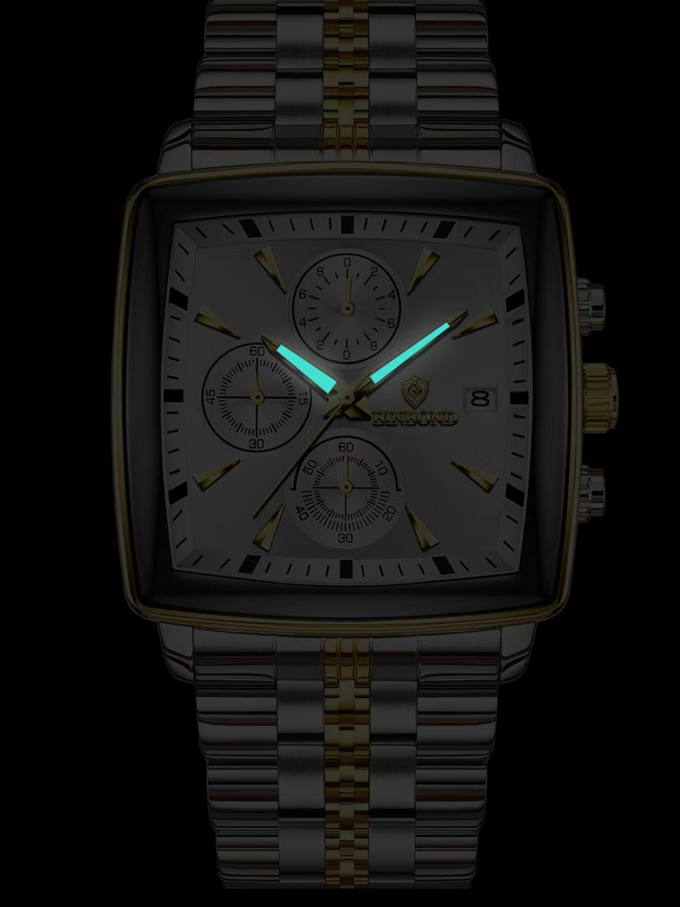 A men's multifunctional square business steel strip fashionable three eye six pin quartz watch Modern Fashionable Wristwatch