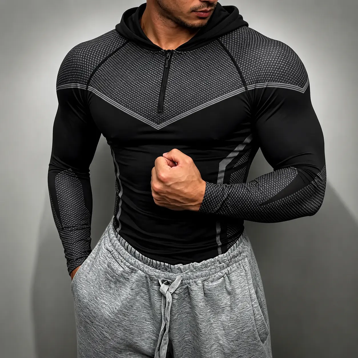 Men's High Elastic Quick-Dry Hooded Fitness Long Sleeve, Mesh Patch Half-Zip Design, Breathable Sweat-Wicking, Sporty Style, All Seasons, Athletic Hooded Shirts, Dry Fit Stretch, Athletic Training Tops, Breathable Workout Top