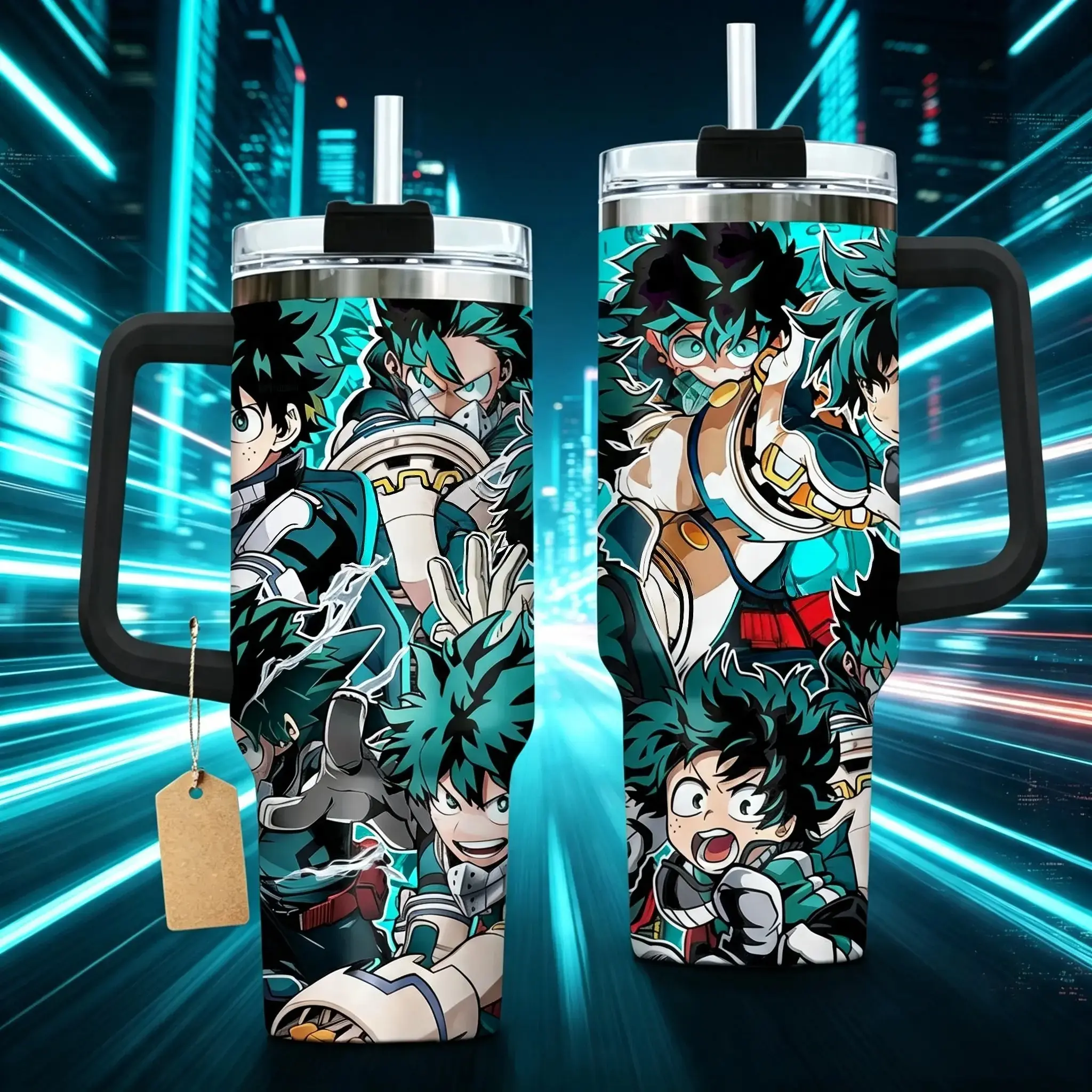 My Hero Academia Deku 40oz Insulated Stainless Steel Tumbler - BPA Free, Phthalate Free, Classic Non-Customised Wide Opening Drinkware with White Handle, Lid, Straw, Izuku Midoriya Anime Collage Design, Reusable Premium Fan Gift, Portable Thermal Mug, Ver