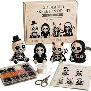 3D Bead Skull DIY Kit, Mini 3D Bead Skull Craft Set with Instructions, Cute 4-Piece DIY Skull Beading Set, Unfinished 3D Bead Skull Kit