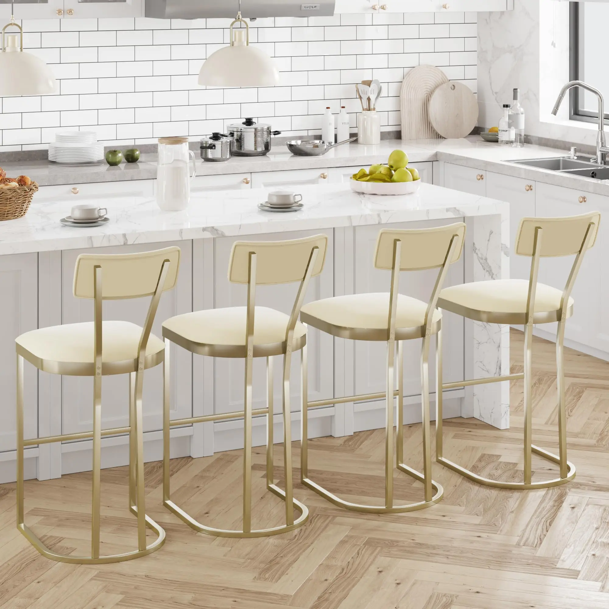 2-Pack Elegant Gold Counter-Height Bar Chairs with T-Shaped Backrest, Padded Seats & Upholstered Metal Frame, Modern Indoor Furniture for Kitchen Island, Home Bar