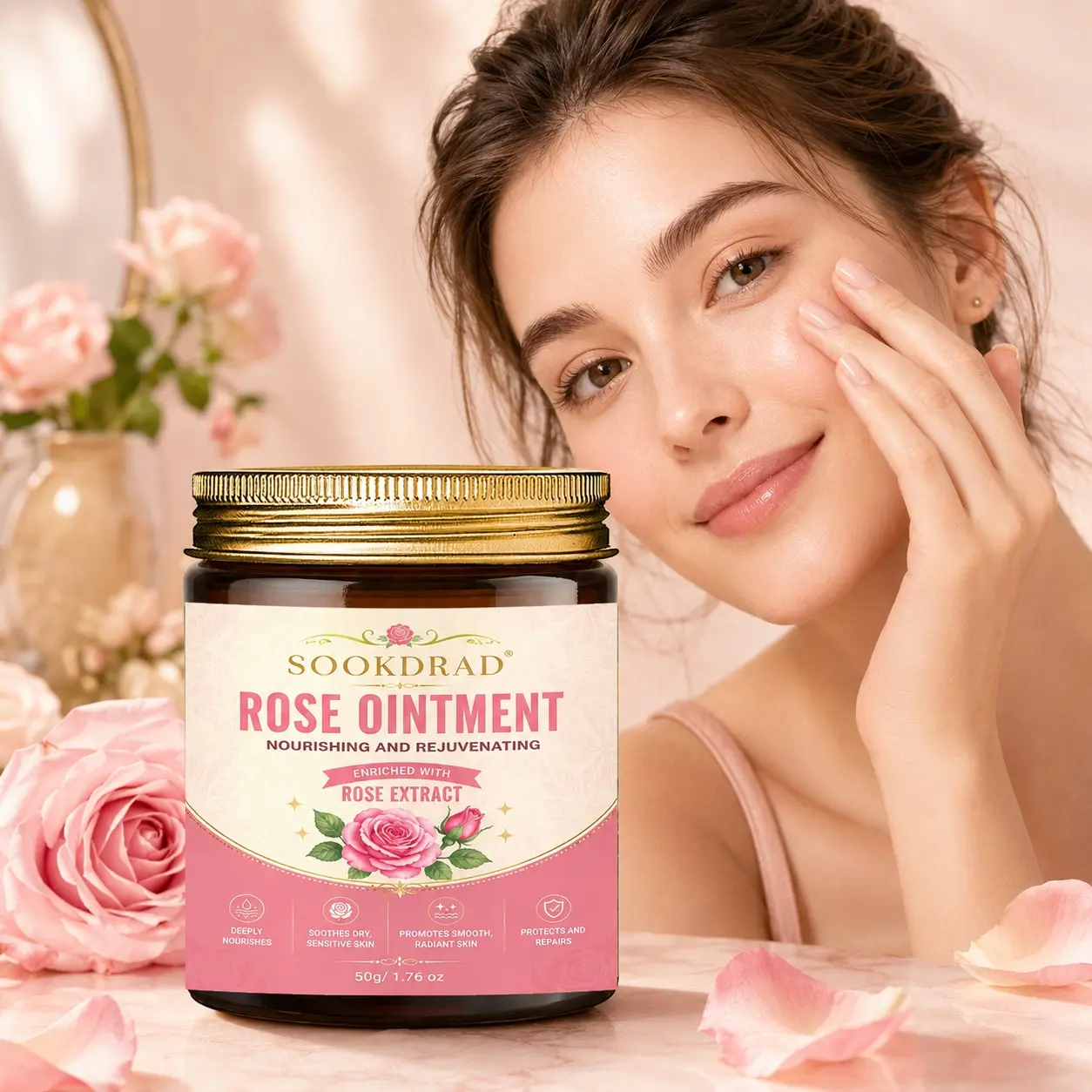 Rose Ointment, enriched with rose extract, deeply nourishes, soothes dry sensitive skin, promotes smooth radiant skin, protects and repairs, 50g/1.76 oz