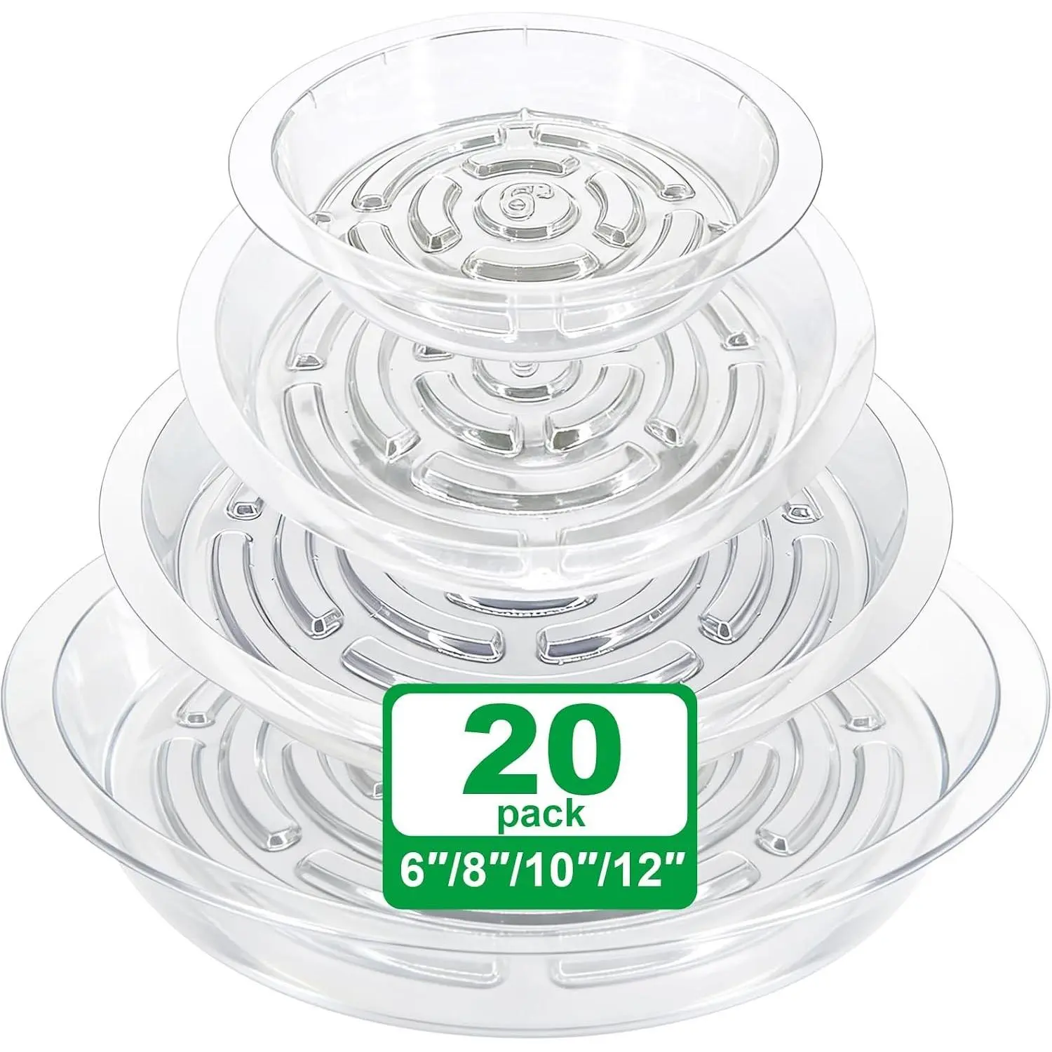 20 Pack Clear Plant Saucers (6/8/10/12 in) – Indoor/Outdoor Plant Saucer, Plant Trays, Plant Drip Trays, Plant Water Catcher Tray, Plastic Trays for Plants, Flower Pot Saucers.